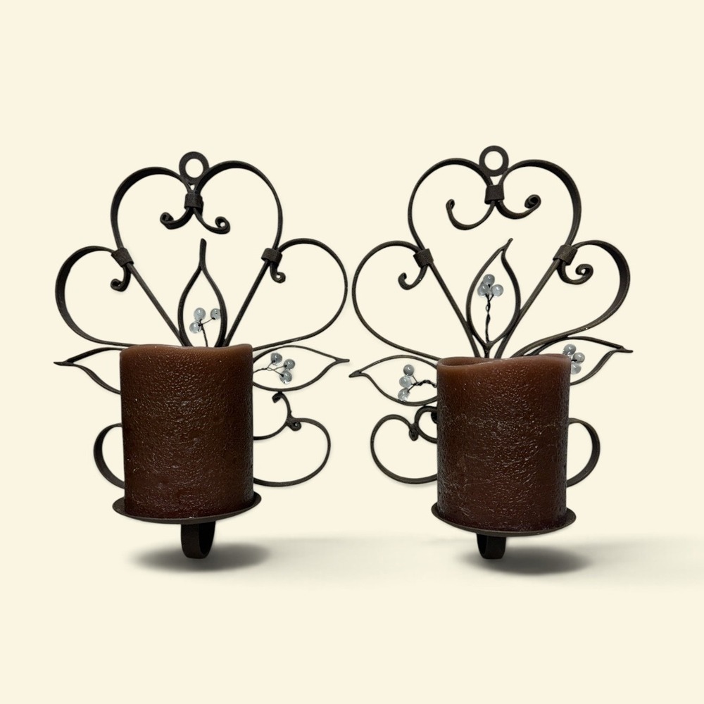 Vintage Pair of Heavy Brown Wrought Iron Wall Candle Sconces w/ Brown Candles
